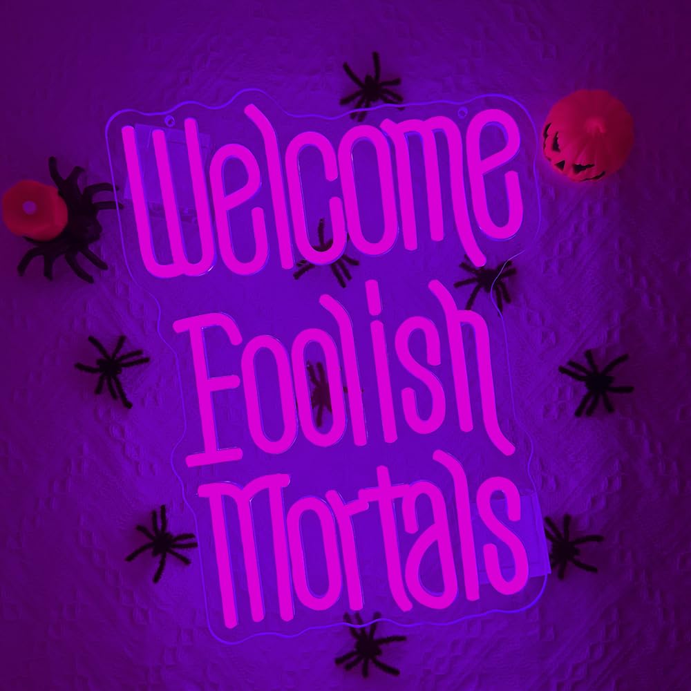 RuCvixkt Welcome Foolish Mortals Neon Sign for Wall Decor, Coffin LED Halloween Neon Signs Spooky Gothic Haunted Mansion Decor, USB Powered Led Neon Light for Man Cave, Party,Haunted House