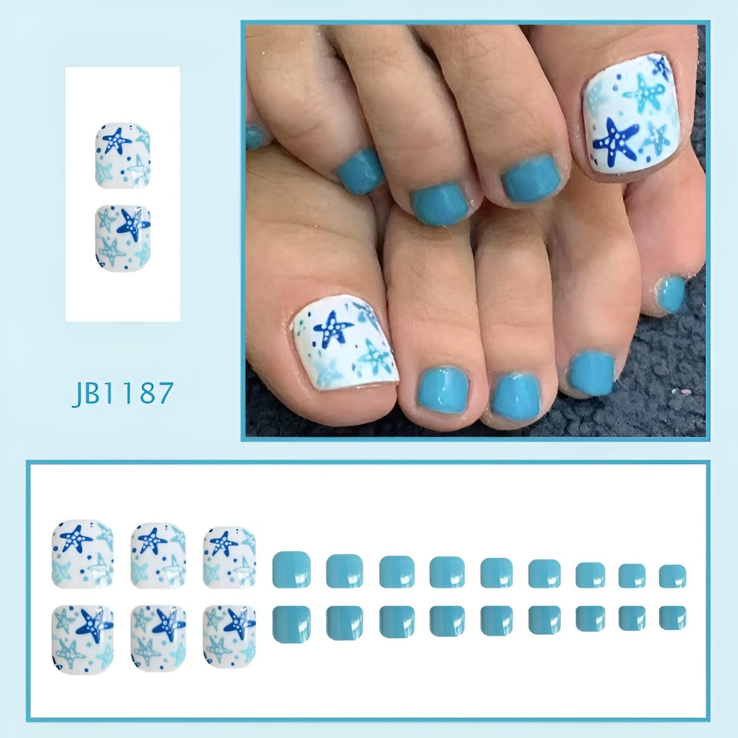 Summer Press on Toenails Short Square Fake Toe Nails Starfish False Toenails Blue Toenail Press Ons Glossy Stick on Toenail Acrylic Full Cover Glue on Toe Nail for Women Decorations Set 24Pcs