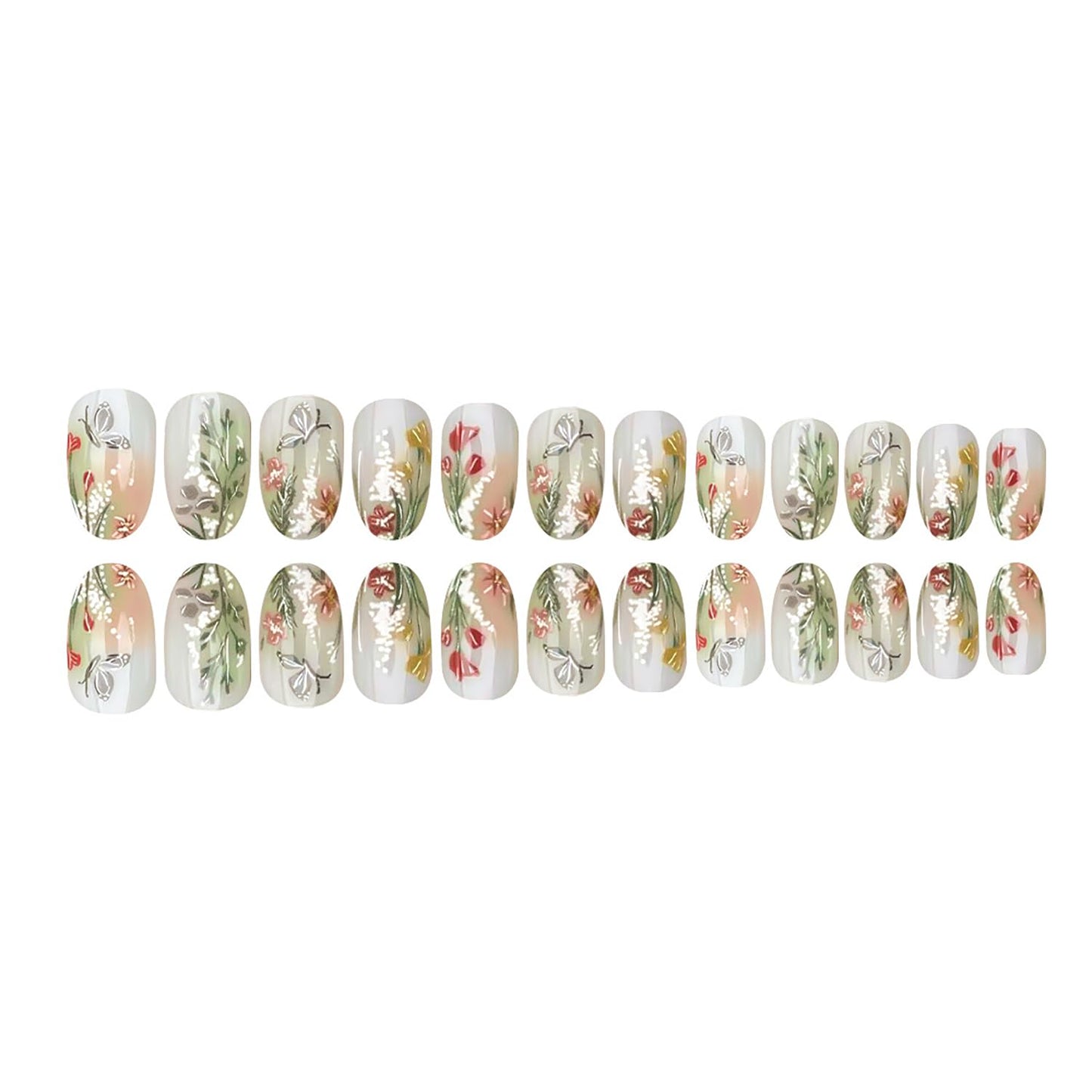 Floral Butterfly Press on Nails Summer Fake Nails Almond Shape Nails Press ons Reusable Glossy False Nails Small Flowers Acrylic Nails Elegant Full Cover Stick on Nails for Women Nature Manicure
