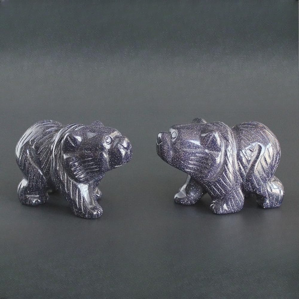 HLbshi Hand Carved Gemstone Crystal Bear Figurine Animal Statue Carving Office Home Decor Collections 2'' (Blue Goldstone)