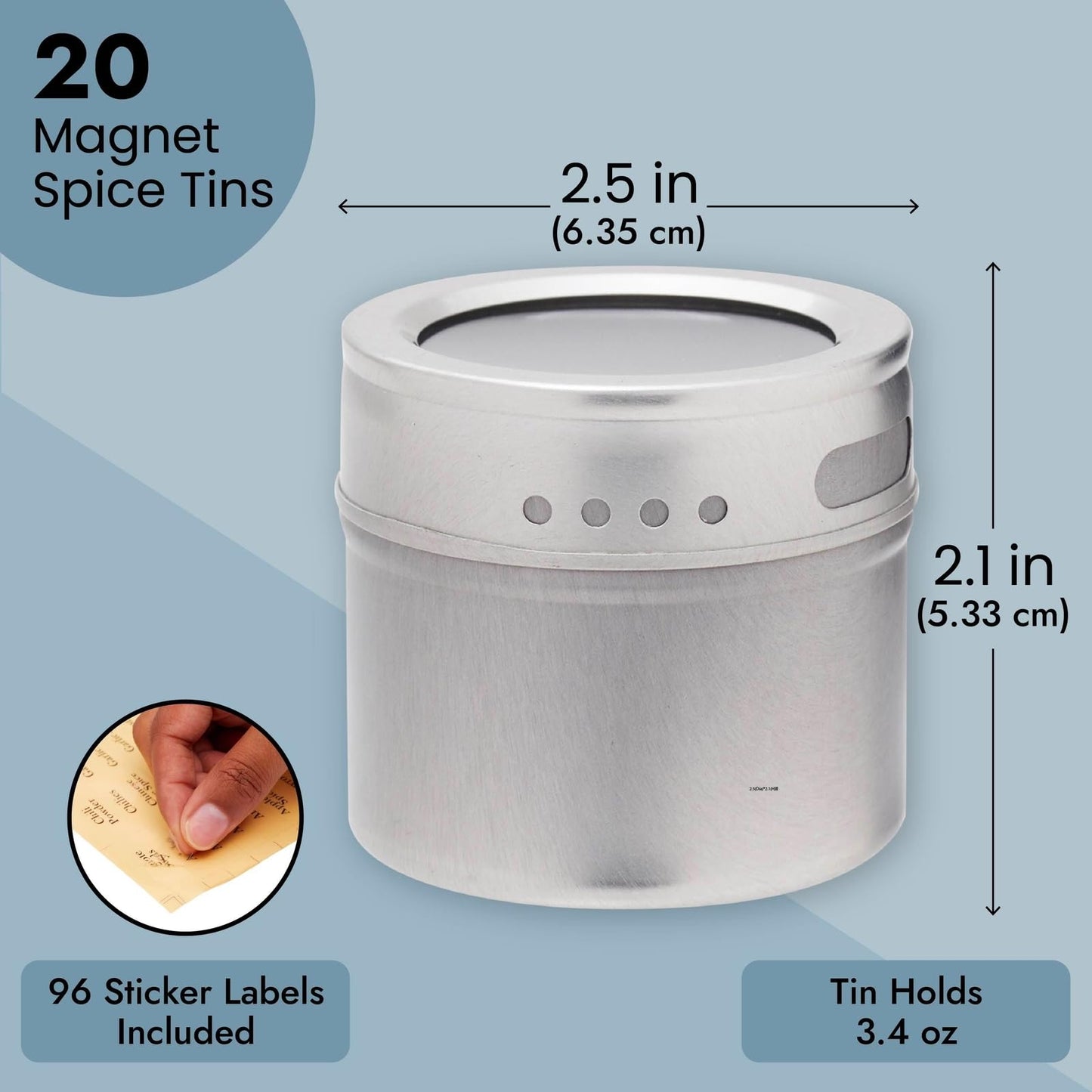 Juvale 20-Pack Magnetic Spice Jars - Space-Saving & Magnetic Spice Rack for Refrigerator - Preprinted Labels & Seasoning Containers - Pack of 20, 3.4 fl oz