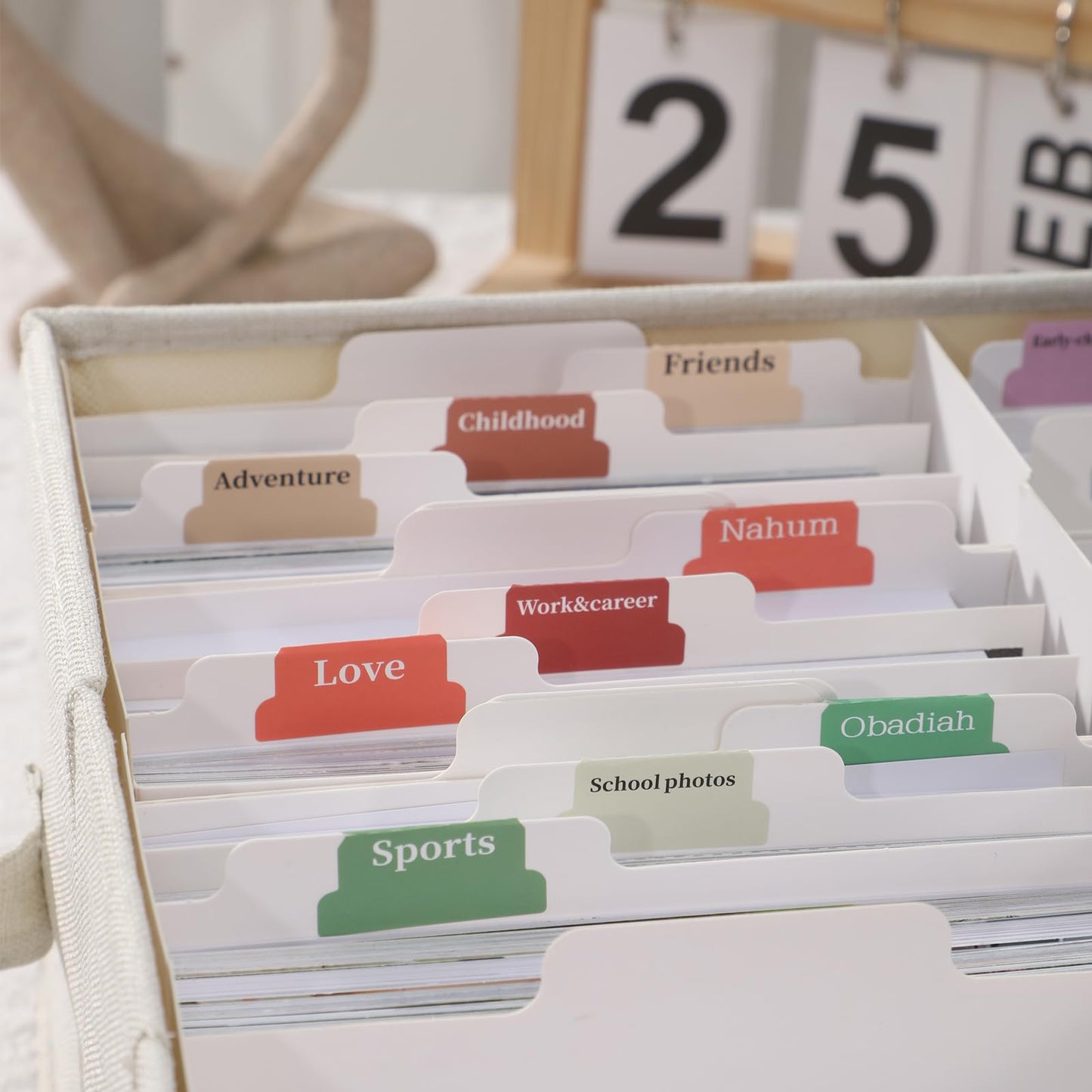 Aokeyee 2PC Photo Storage Box - Decorative Linen Memory Organizer for 4x6 Pictures, Keepsake Box with Dividers & Labels, Holds 3400+ Photos