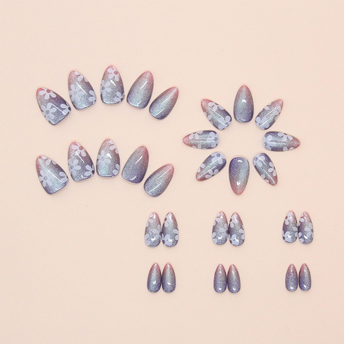 Pink Gradient Cat Eye Press on Nails Glossy Blue Ombre Cat Eye Acrylic Fake Nails 24Pcs White Flower False Nails Gel Glue on Nails for Manicure Cat Eye Stick on Short Almond Nails for Coquette Women