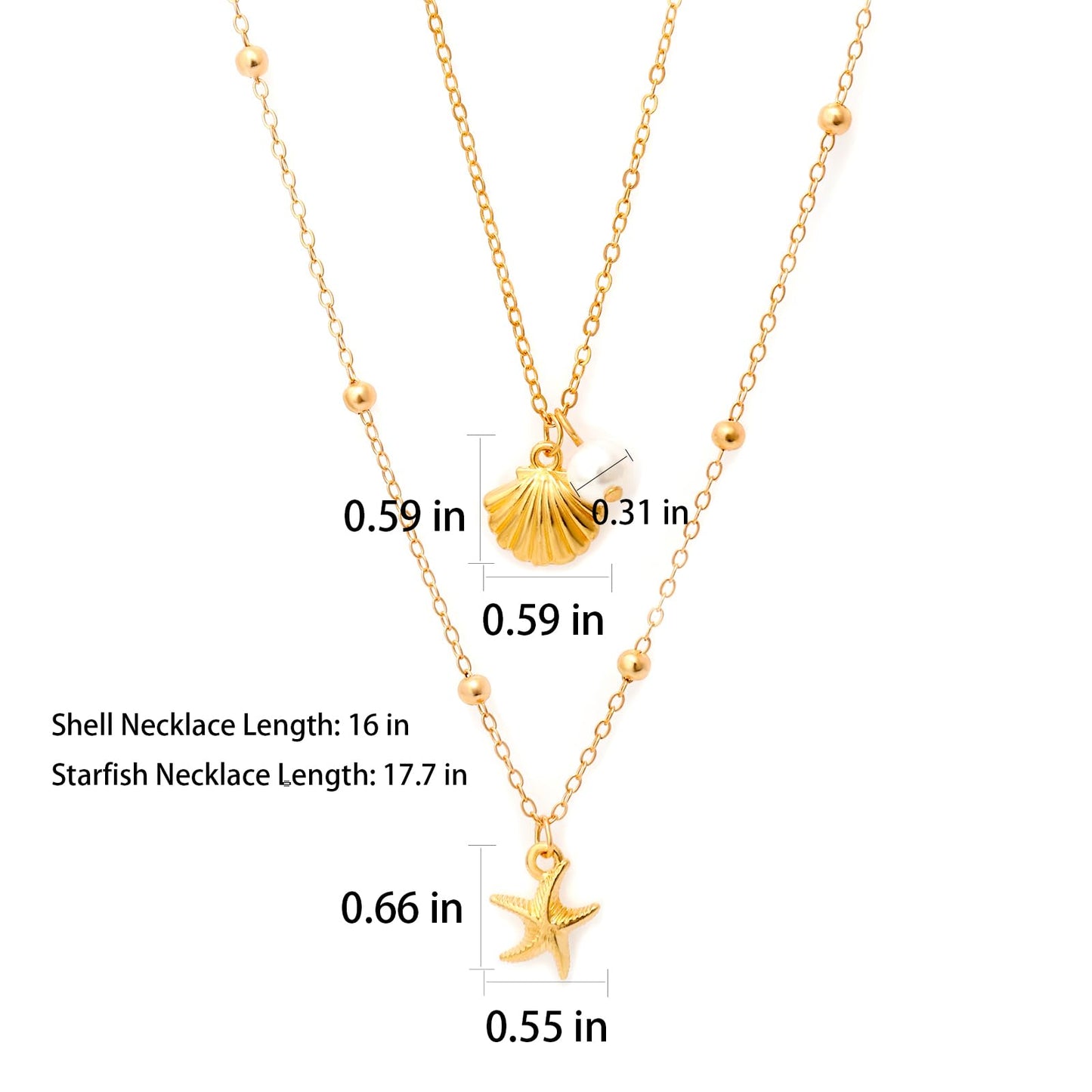 Starfish Shell Necklace for Women, 14K Gold Plated Layered Shell Starfish SeaShell Pearl Pendant Charm Beaded Necklace Stack Dainty Beach Ocean Beachy Necklaces for Women Summer Vacation Non Tarnish