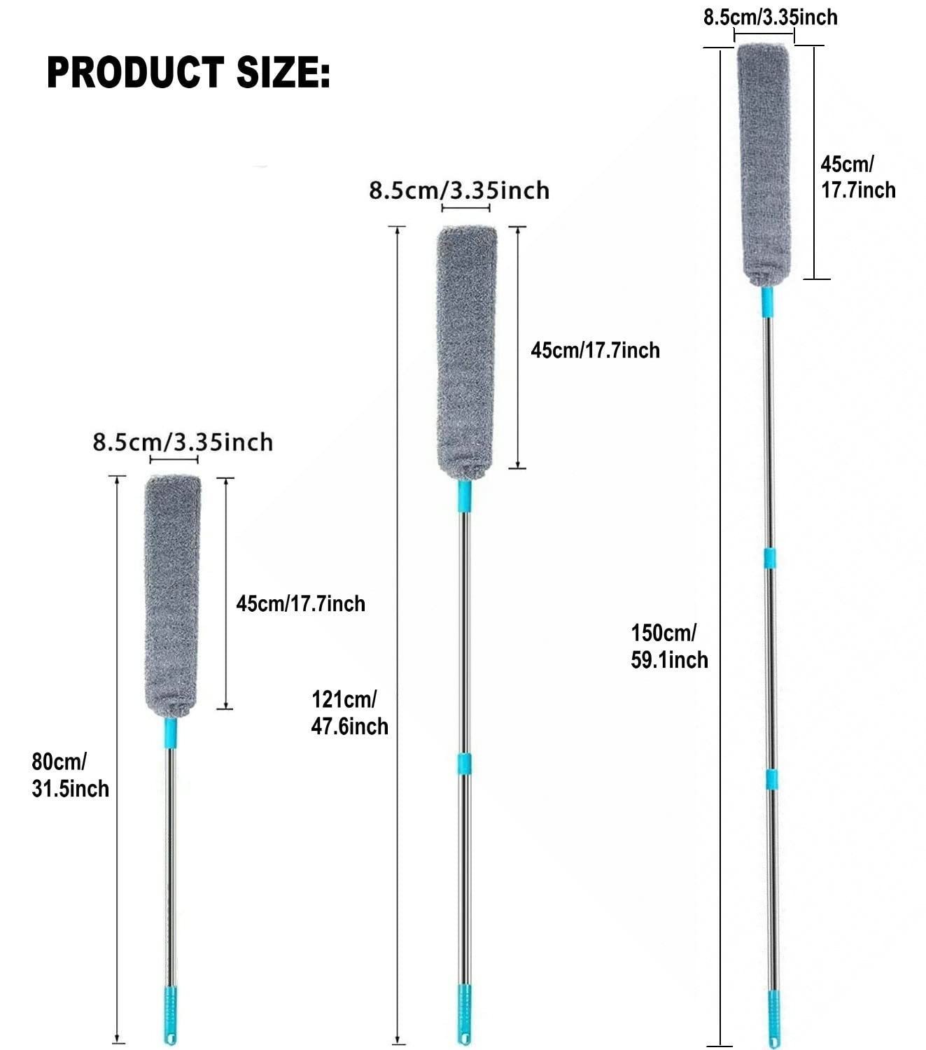 Retractable Gap Dust Clean Under Appliance Microfiber Duster Dust Cleaning Brush with Extendable 3 Pole (31.5''-59.1''),Bendable Removable Washable Gap Dust Cleaner for Sofa Bed Furniture Bottom