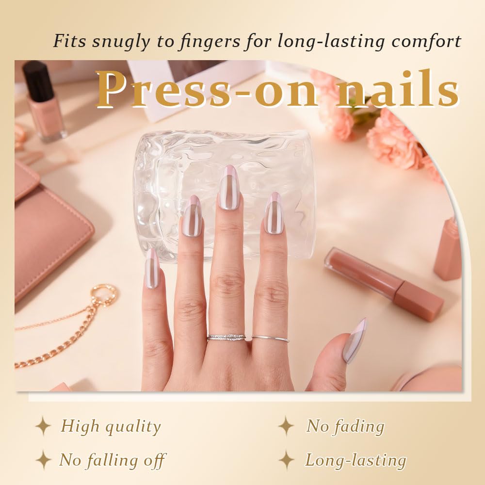 evpct French Tip Press On Nails Medium Almond No Glue, Nude Pink Tips, Chrome Glazed Glossy Medium Almond Fake False Press on Nails, Soft Stick on nail Press ons with Nail Kit, Reusable Salon-quality