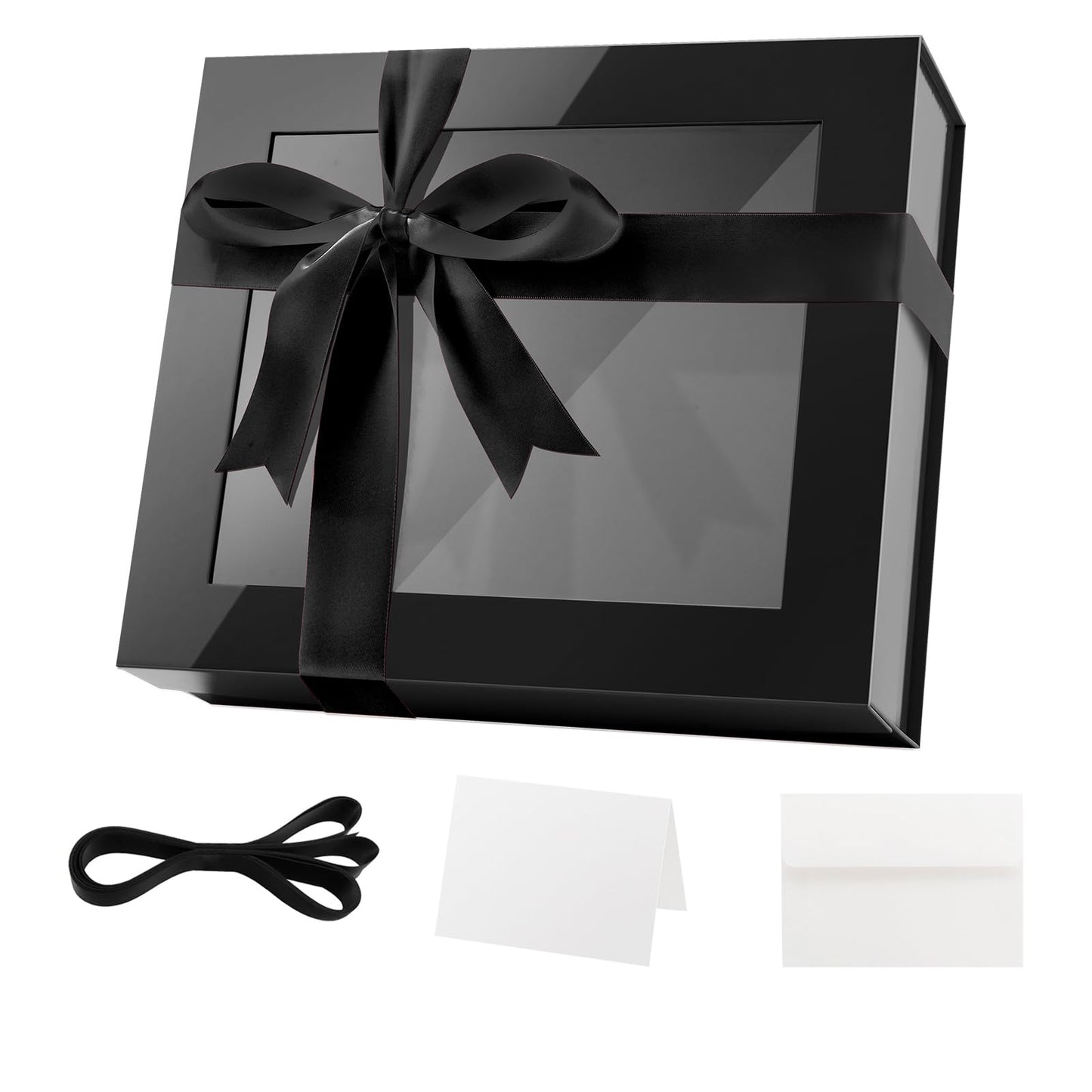 PACKQUEEN Extra Large Black Gift Box with Window, 16.3x14.2x5 Inches Clear Gift Box for Present Contains Ribbon, Card, Groomsman Proposal Box with Magnetic Lid (Glossy Black)