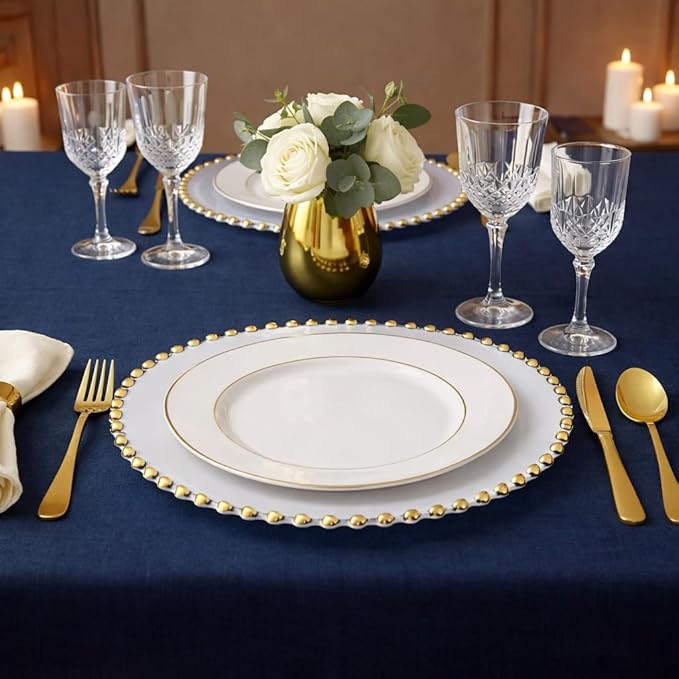 PLASTICPRO White with Gold Rim Plastic Charger Plates with Beaded Edge – Pack of 8 – 13" Elegant Round Disposable Chargers for Weddings, Events, Parties, and Dinners