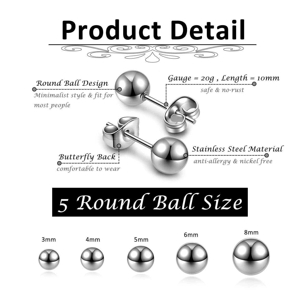 Top Plaza 10Pcs Hypoallergenic Stainless Steel Round Ball Earrings for Women Men Studs Earring Set 3mm-8mm(Silver)