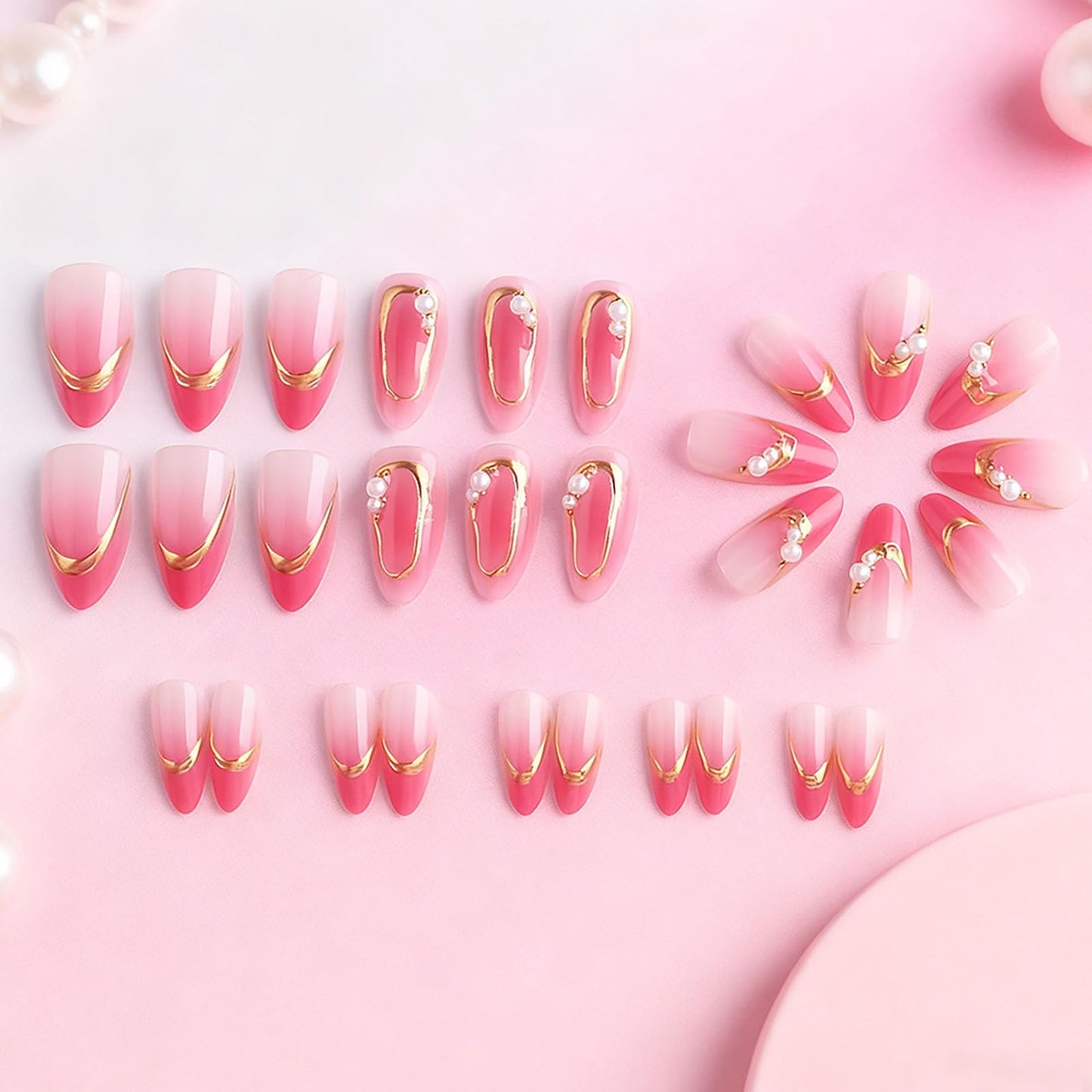 RUOKEXIN Almond Press on Nails French Tip Fake Nails Pink Ombre False Nails with Pearl Designs Medium Nail Press ons Sparkly Artificial Nails for Women 30Pcs