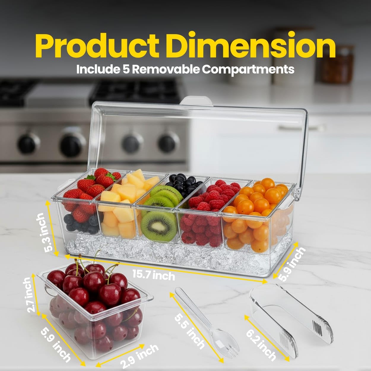 WISHMART Ice Chilled Condiment Caddy with Lid – 5 Removable Compartments, Utensils Included – Buffet Server for BBQ, Taco Bar & Parties
