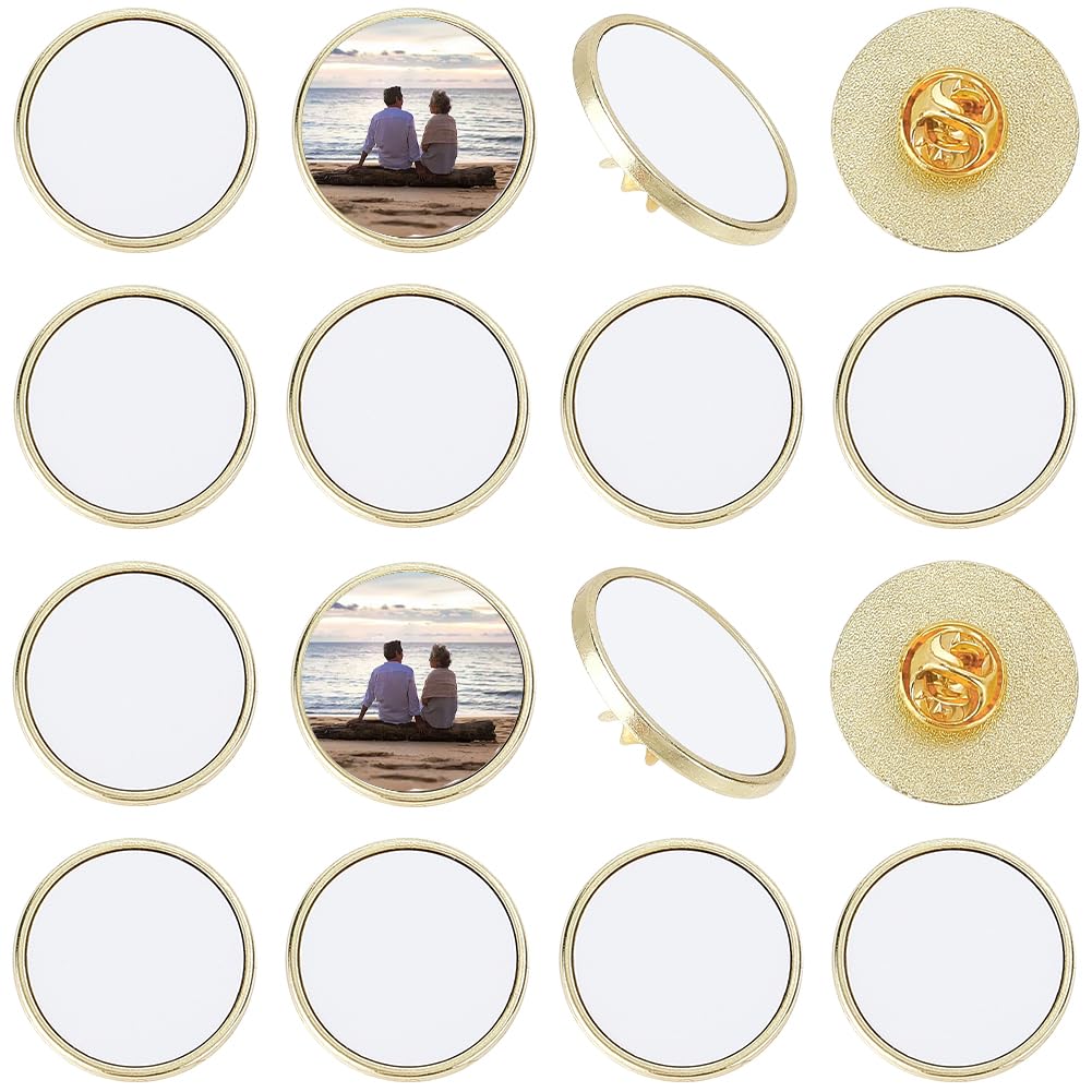 SOFPLATE 20 Sets 1 Inch Round Blank Pins Sublimation Blank Buttons Small Gold Alloy Disk Base Transfer Design Making Kits Team Party Decor Brooch Pin Bulk for Jewelry Making Lapel Supplies DIY Crafts