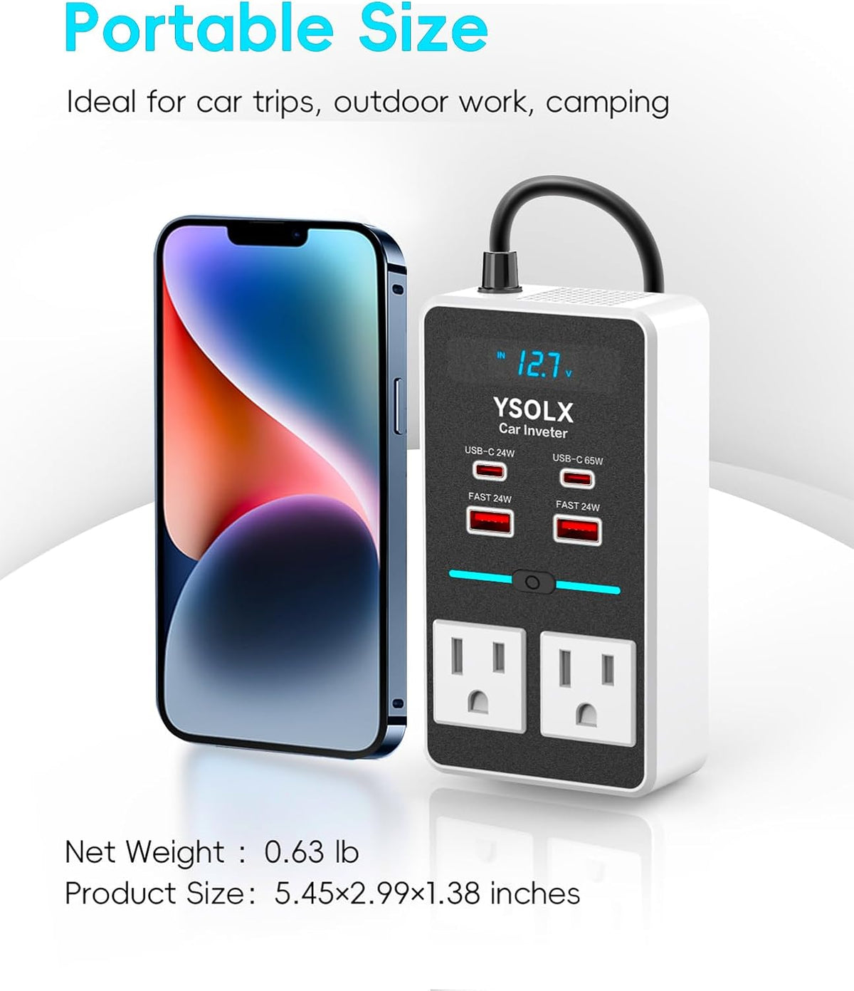 YSOLX 300W 12V to 110V Car Power Inverter, with Dual USB-A 24W and USB-C 65W, Dual AC Car Plug Adapter Outlet and Equipped with a Display Screen.Suitable for car Trips, Camping,Charging laptops