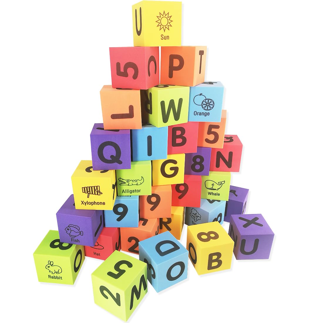 MOBU Foam Building Blocks for Toddlers,30 pcs 2-inch Alphabet Letters Number Blocks with Storage Bag, Learning ABC, 123 Stacking Blocks for Kids