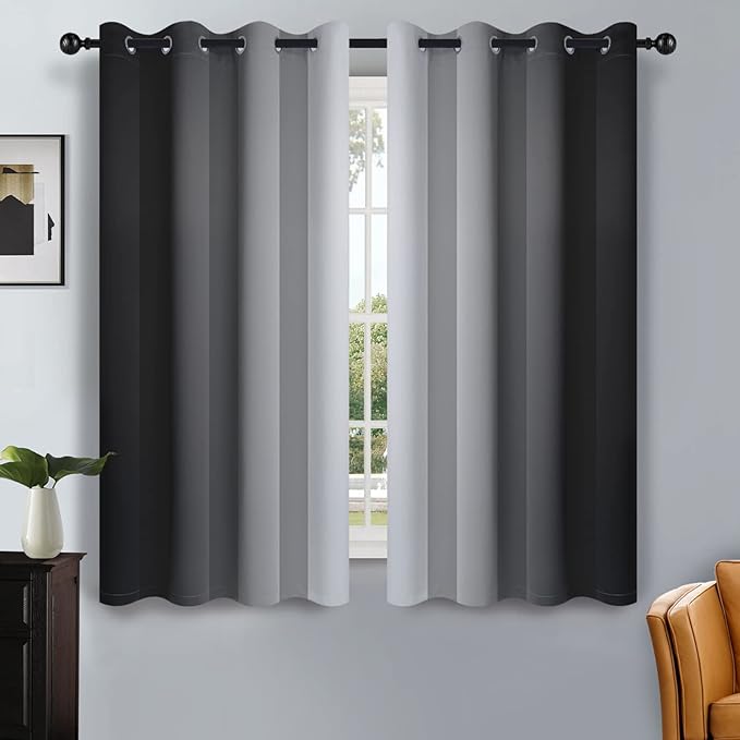 SimpleHome Ombre Room Darkening Curtains for Bedroom, Gradient Black to Grey White Light Blocking Thermal Insulated Grommet Window Curtain/Drapes for Living Room,2 Panels, 52x54 inches Length