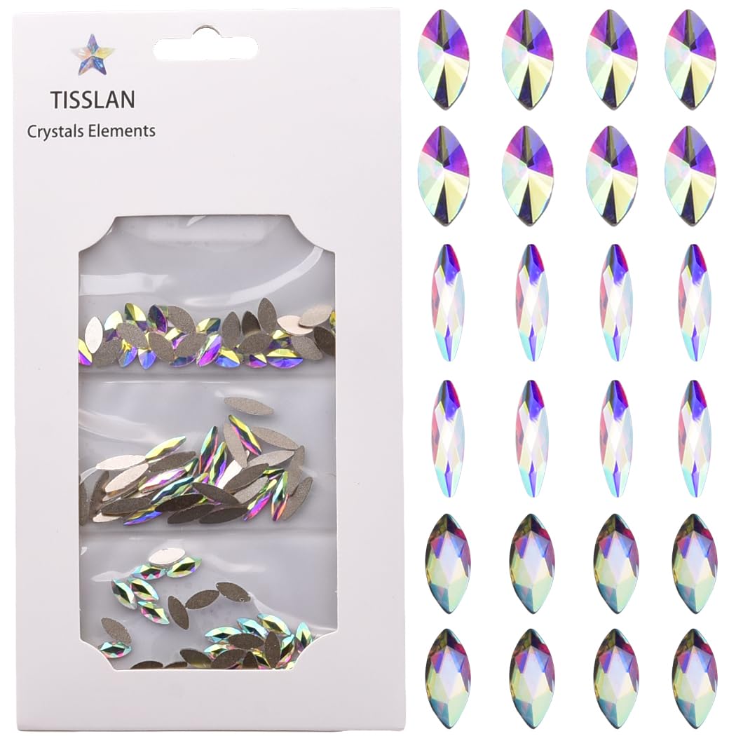 Tisslan 100pcs Crystal Ab Flatback Marquise Rhinestones 3D Nail Art Decoration 3 Designs Mix Sparkling Accessories