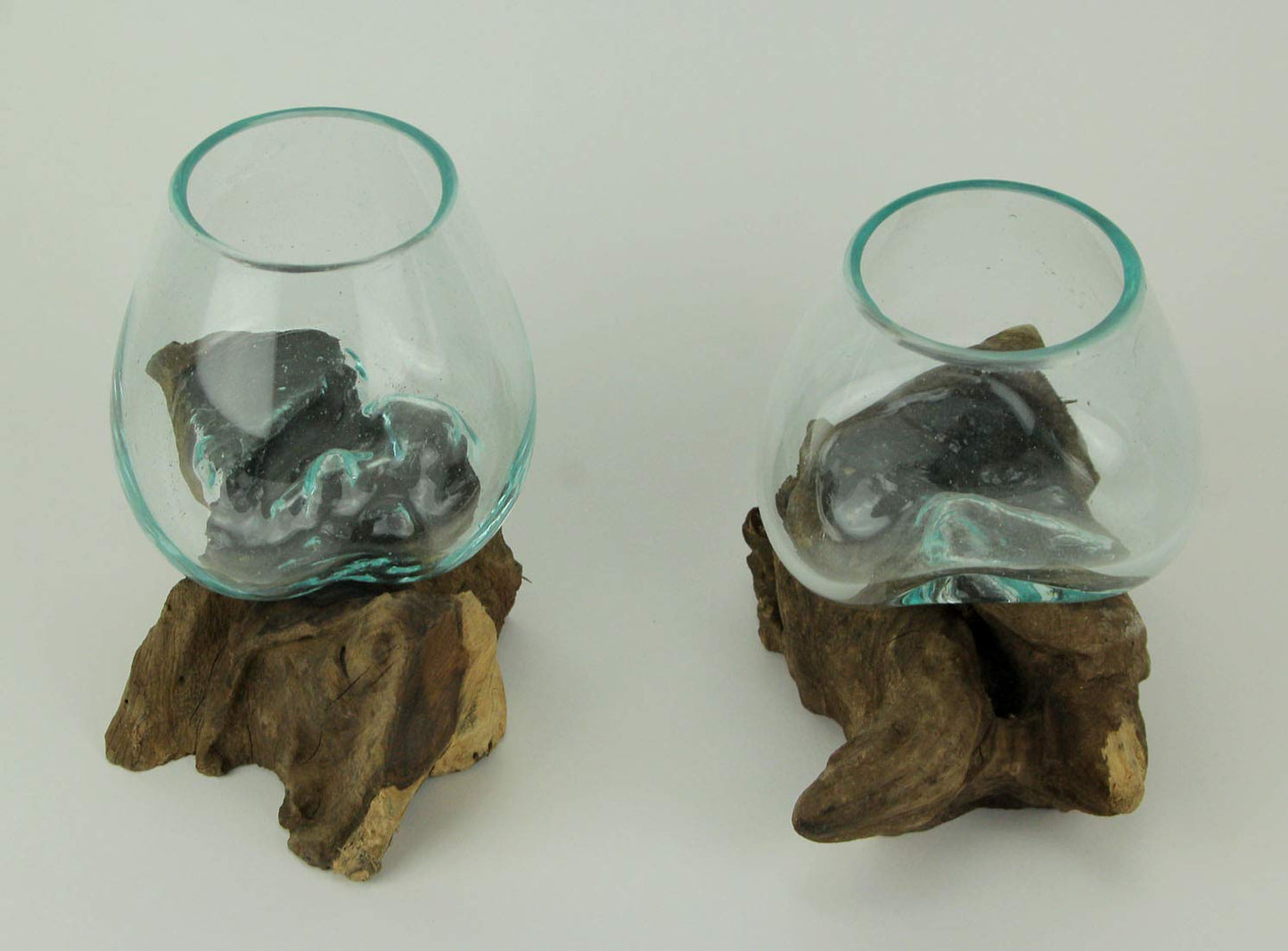 Zeckos Molten Glass On Teak Driftwood Decorative Bowl Vase Terrarium Planter Set of 2