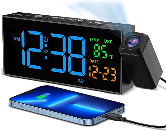 Netzu Projection Clock for Bedroom Ceiling, Digital Clocks with 180° Rotatable Projector, Date Temperature and Weekday Blue