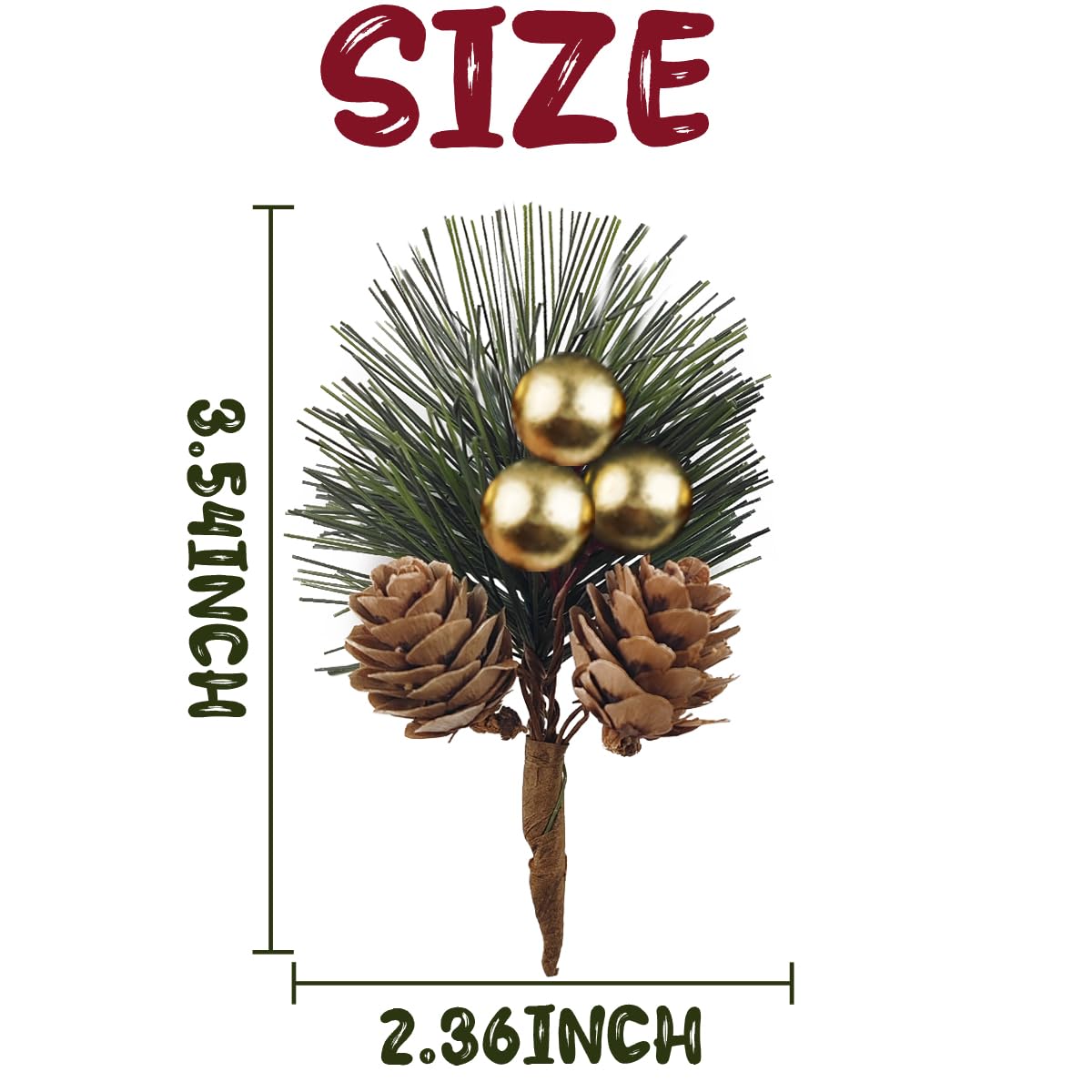 TIHOOD 25PCS Artificial Pine Picks, Pine Needles Branches with Gold Berry Stems, Small Fake Berries Pinecones Branches for Crafts Christmas Tree DIY Garland Holiday Wreath(Gold)