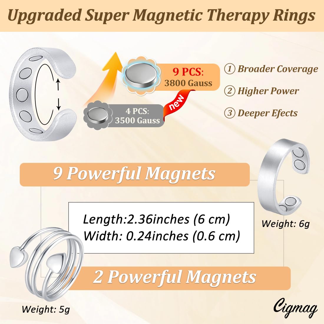 Cigmag 9X Copper Rings for Women, with Powerful Magnets, Adjustable Solid Pure Copper (Silver Matte & Heart)