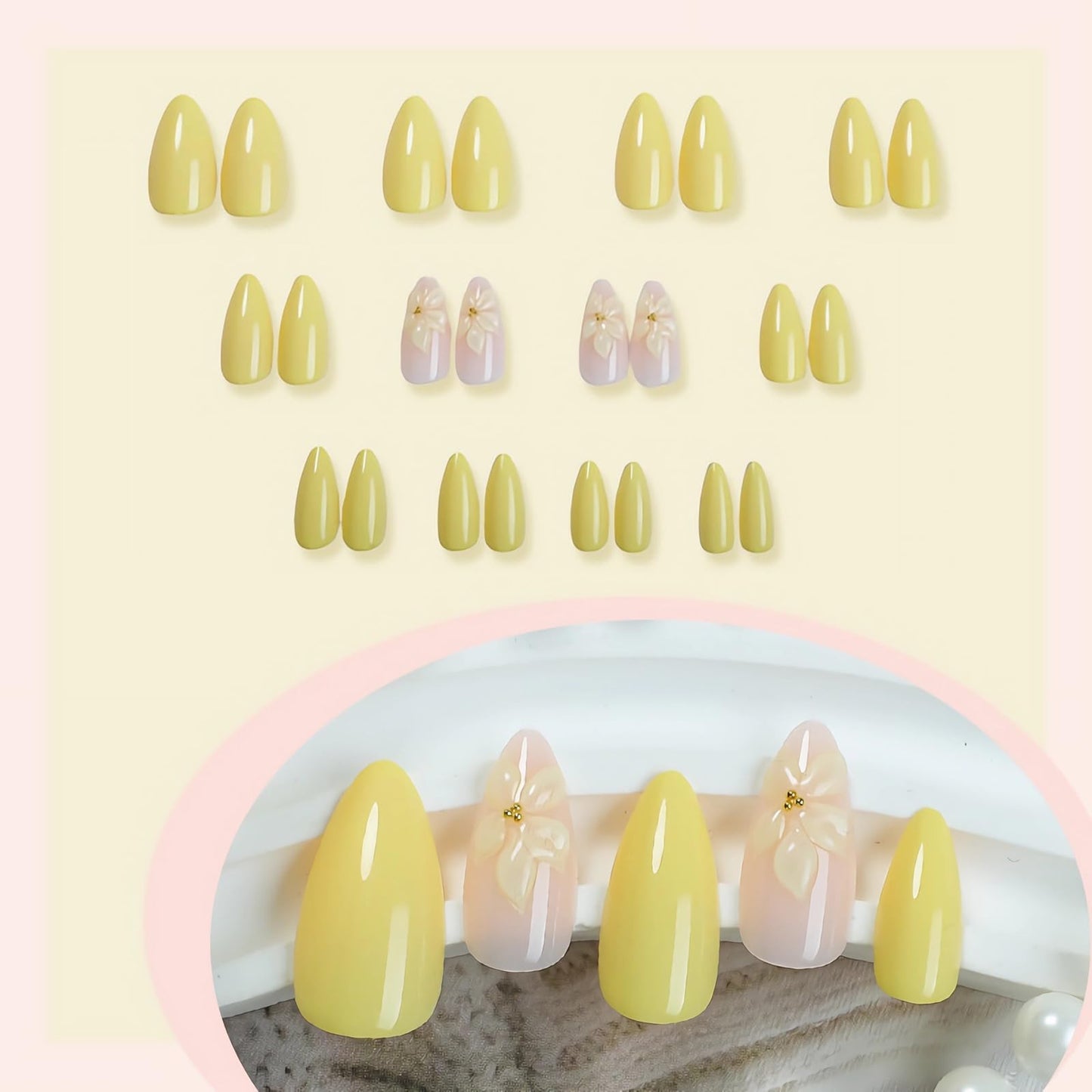 MISUD Press on Nails - Medium Almond Fake Nails with Summer Yellow Acrylic Handmade 3D Flower Design 24 pcs