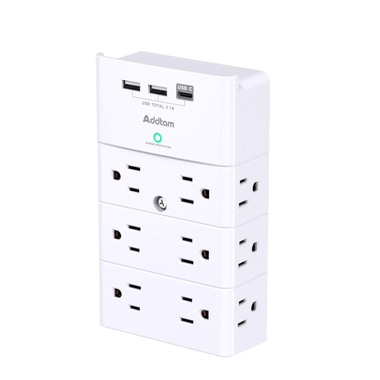 Addtam Multi Plug Wall Outlet, Surge Protector Wall Mount with 12 Outlet Extender 4 Sides and 3 USB Ports (1 USB-C), Outlet Splitter Power Strip for Home Office Dorm Room Essentials, White