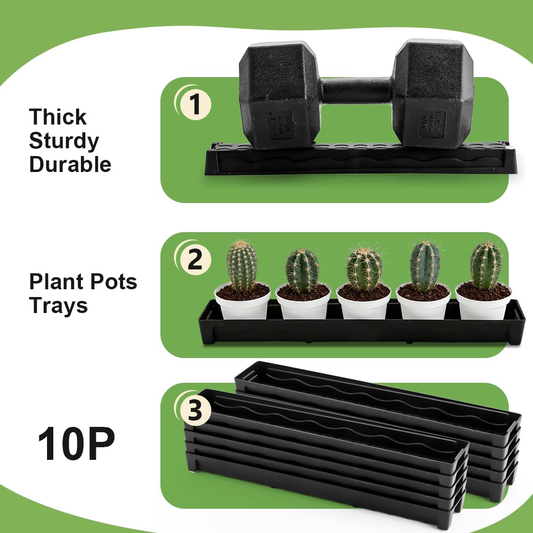 RooTrimmer 10 Pack Plastic Windowsill Saucer (17"x3"x1.5"), Rectangular Window Sill Plant Pot Trays with Removable Drainage Hole, Thick Plant Saucer Tray for 2.8 inch (7CM) Flower Nursery Pots (Black)