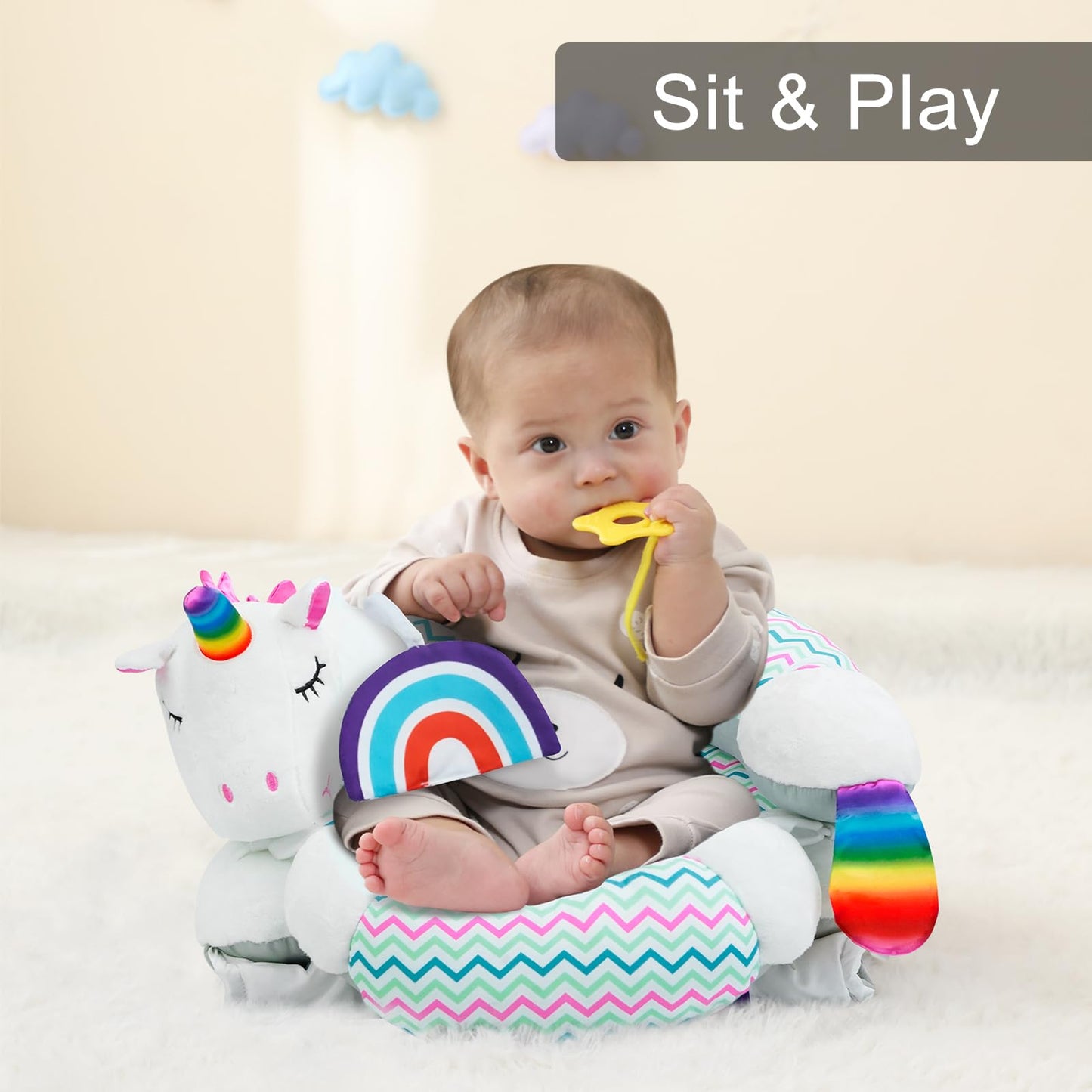 Lovvie & Joy 2-in-1 Tummy Time Mat & Seated Support Pillow,Baby Tummy Time Pillow Support for Newborns and Older Babies,with Detachable Support Pillow and Toys
