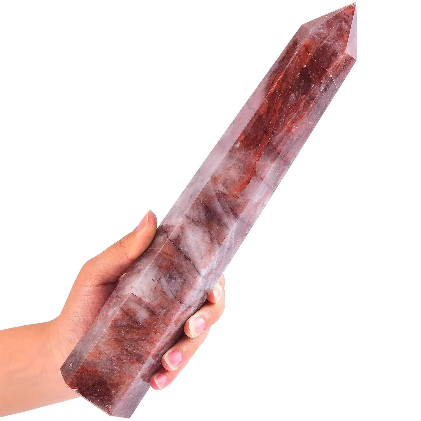 AMOYSTONE Large Red Hematoid Quartz Stone Wand Healing Crystal Obelisk Tower 6 Faceted Column Reiki Chakra Meditation Therapy 2.2-2.6 LBS