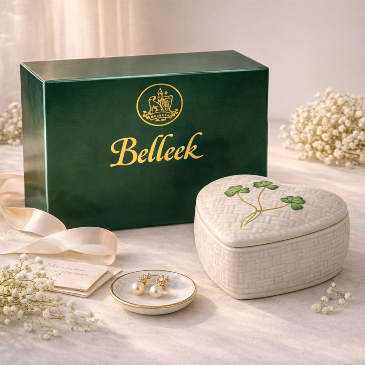 Belleek Kylemore Small Trinket Box - Handcrafted Decorative Storage - Porcelain Shamrock Irish Decor, 3.3 x 4.4 Inches, White
