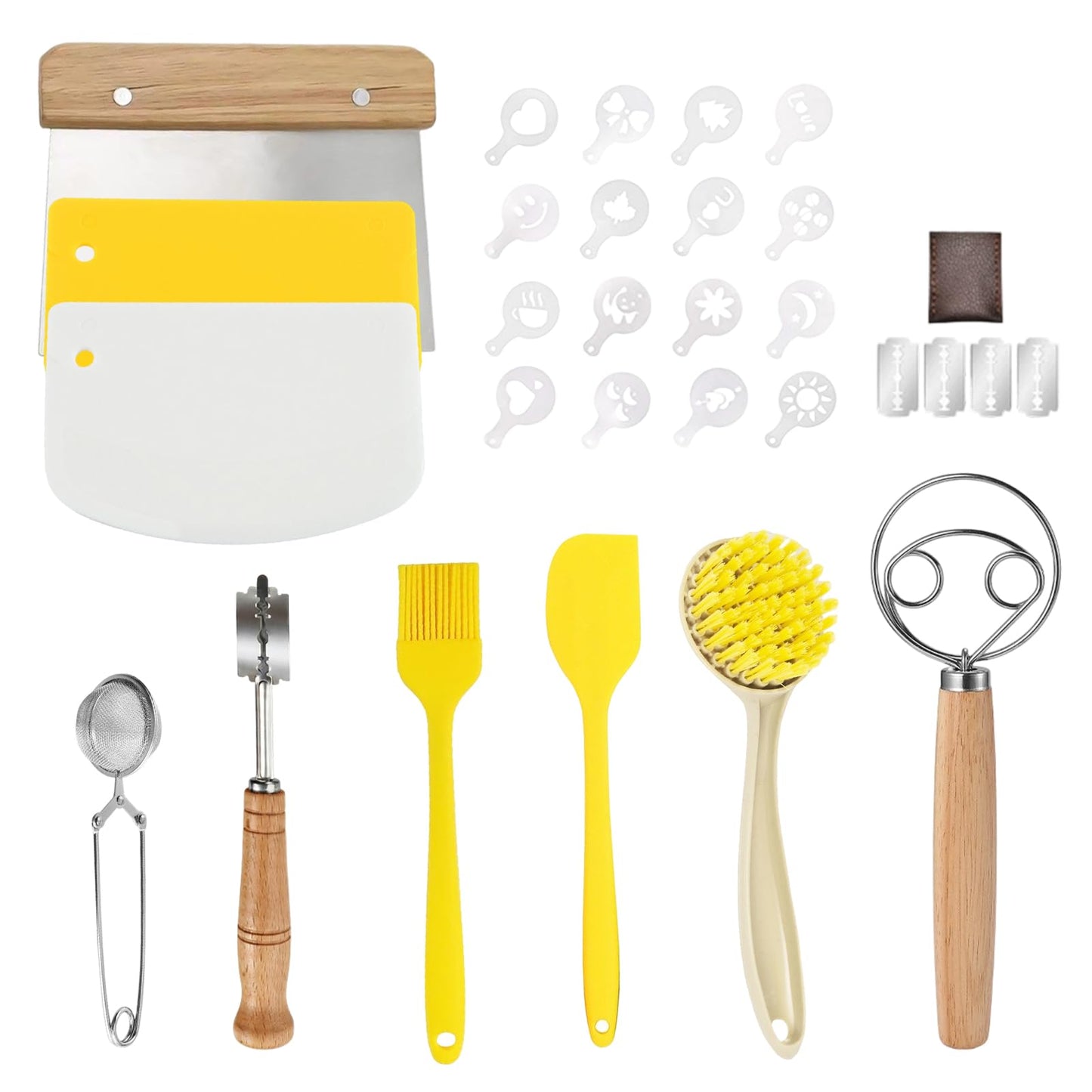 Sourdough Bread Baking Tool Set with Bread Lame & Blades Danish Dough Whisk Bowl Scraper Dough Scraper, Cleaning Brushand Silicone Brush Filter Tennis Ball,Spraying template, Sourdough Starter Kit