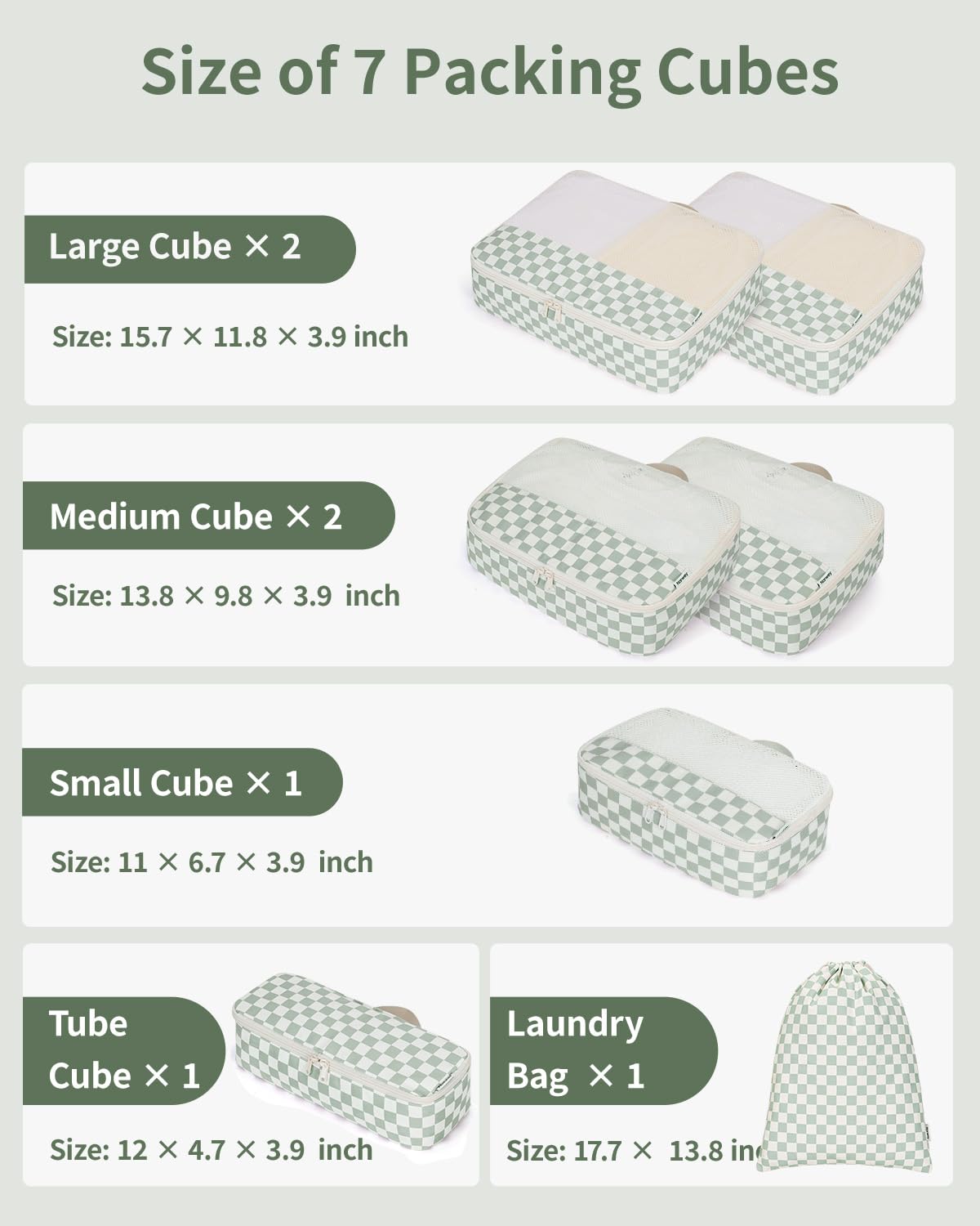 Narwey 7 Set Checkered Packing Cubes for Travel Kids Women, Durable Packing Organizer Bags for Carry on Suitcase Luggage Travel Essentials Accessories (Mint Green Checkerboard)