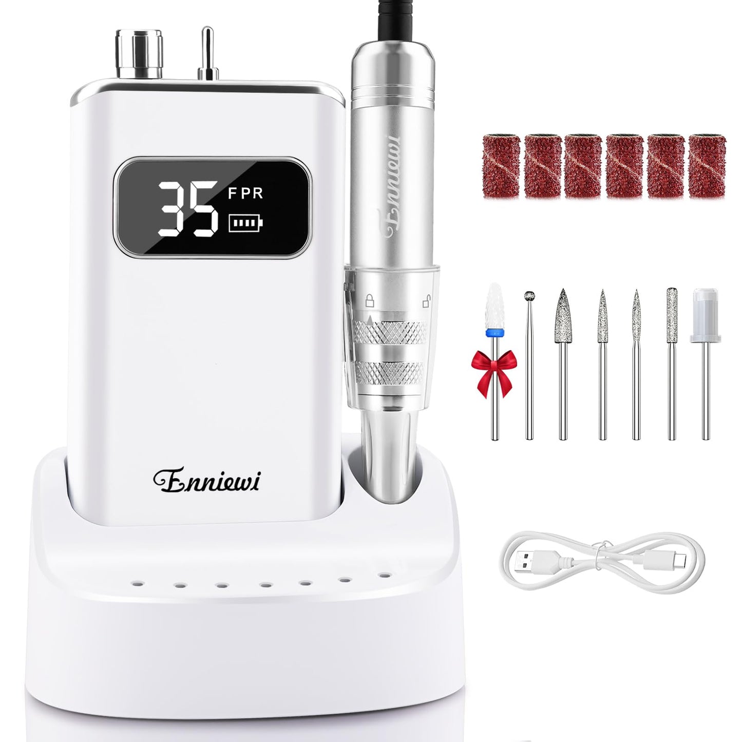 Enniewi Electric Nail Drill File, Professional Portable Nails Drills Kit with Rechargeable Base 7 uñas Bits, Cordless Efile for Poly Gel Acrylic Nails Remover Home Salon Pedicure Manicure Tool, White