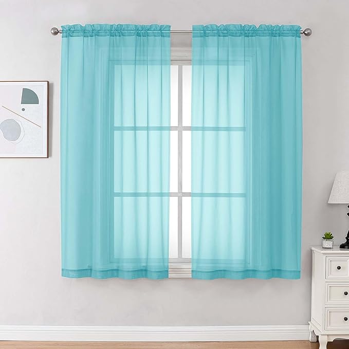 OVZME Sheer Curtains 63 inch Length 2 Panels Set for Bedroom Living Room, Soft Airy Elegant Light Filtering Sheer Curtains, Dual Rod Pocket Window Drapes, Each 42W x 63L Inches, Aqua