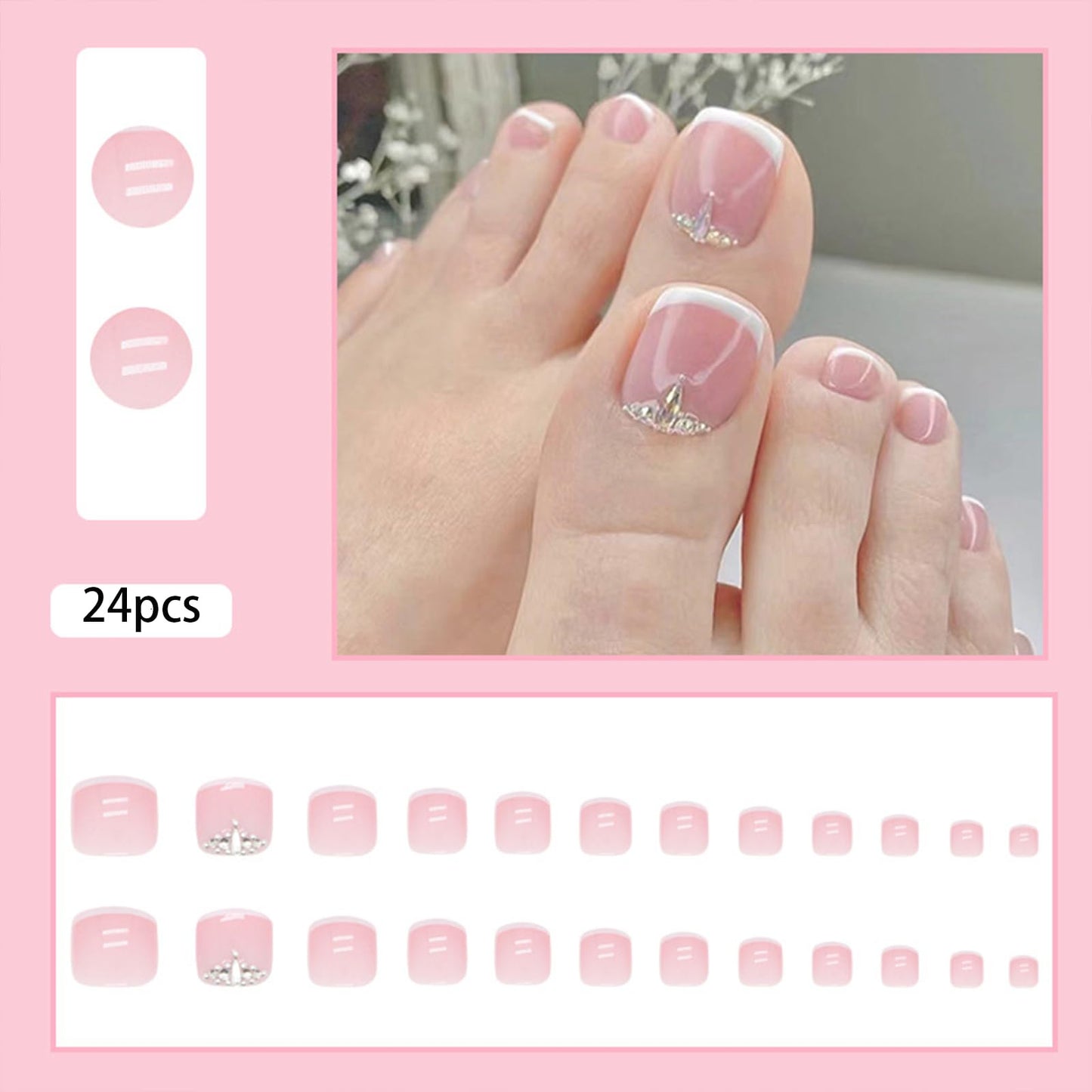 French Tips Press on Toenails Pink Square Toe Nails Tips Rhinestone Design White Nude Glossy Toe Nails Fake Nails Summer False Toe Static Nails Artidicial Acrylic Nails for Women 24Pcs