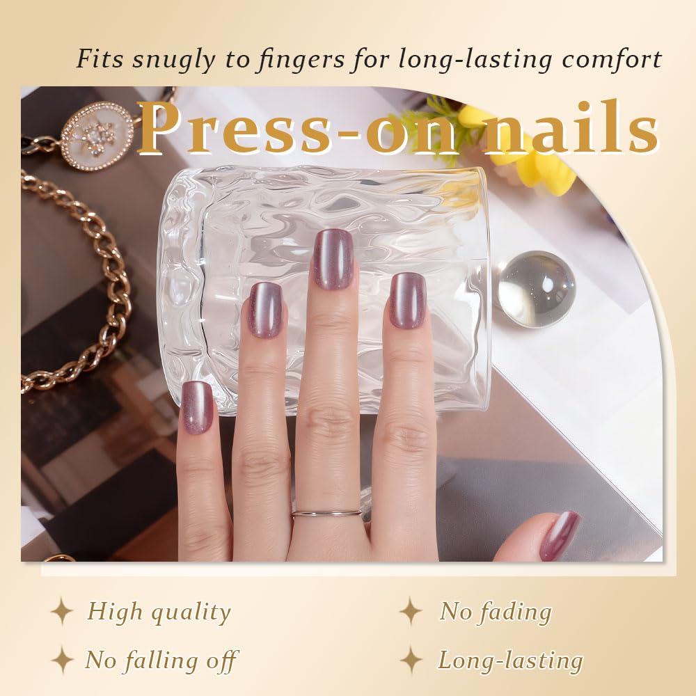 evpct Pale Mauve Cat Eye Short Press on Nails Square No Glue, Stick on Nails Short Square for Women, Metallic Glitter Glossy nails press ons, Reusable Stick Press on Acrylic Fake Nail with Designs