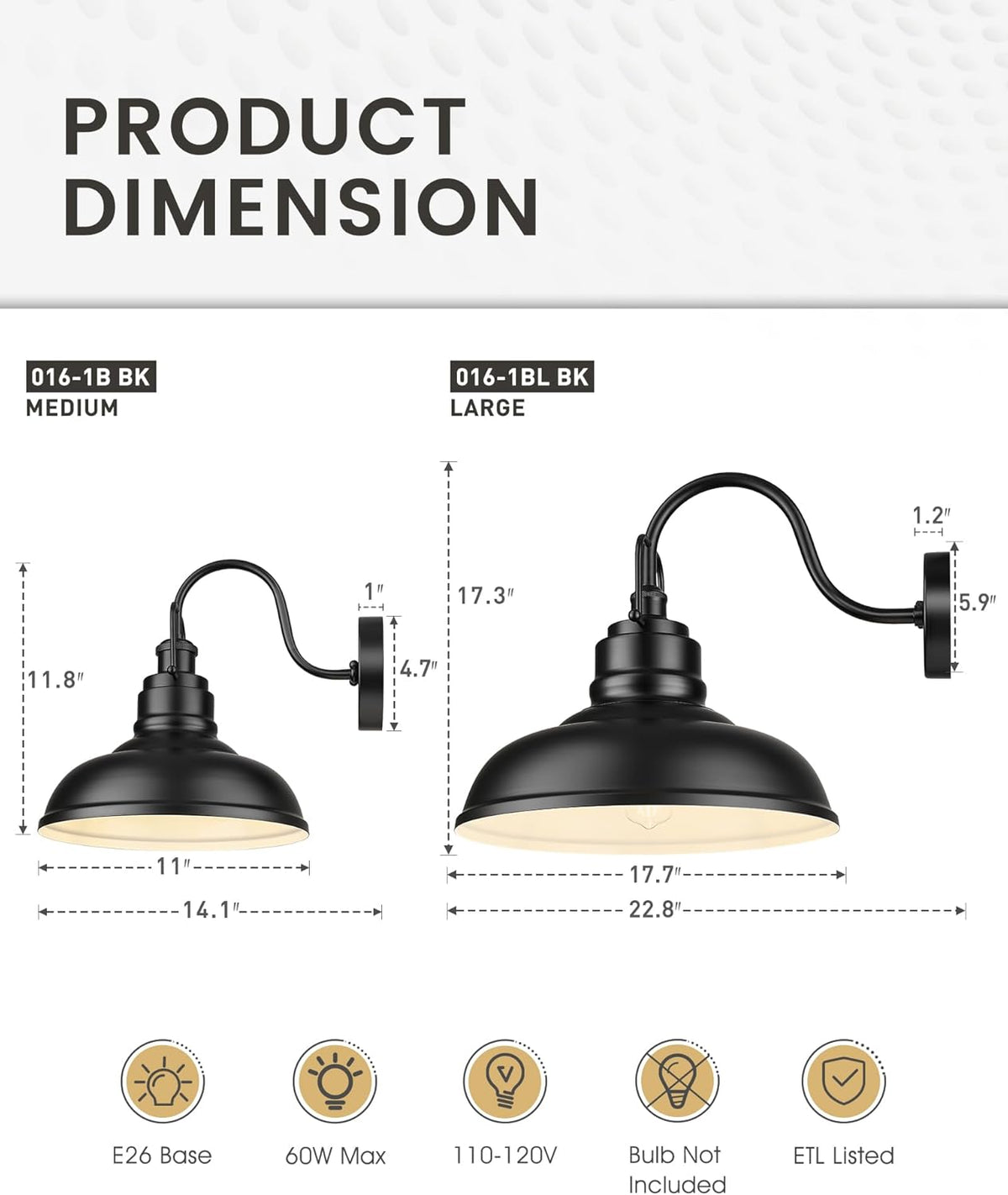 zeyu 2 Pack Gooseneck Barn Lights, Exterior Wall Mount Light for Porch, 18 Inch Modern barn Lights, Matte Black Finish, 016-1BL-2 BK