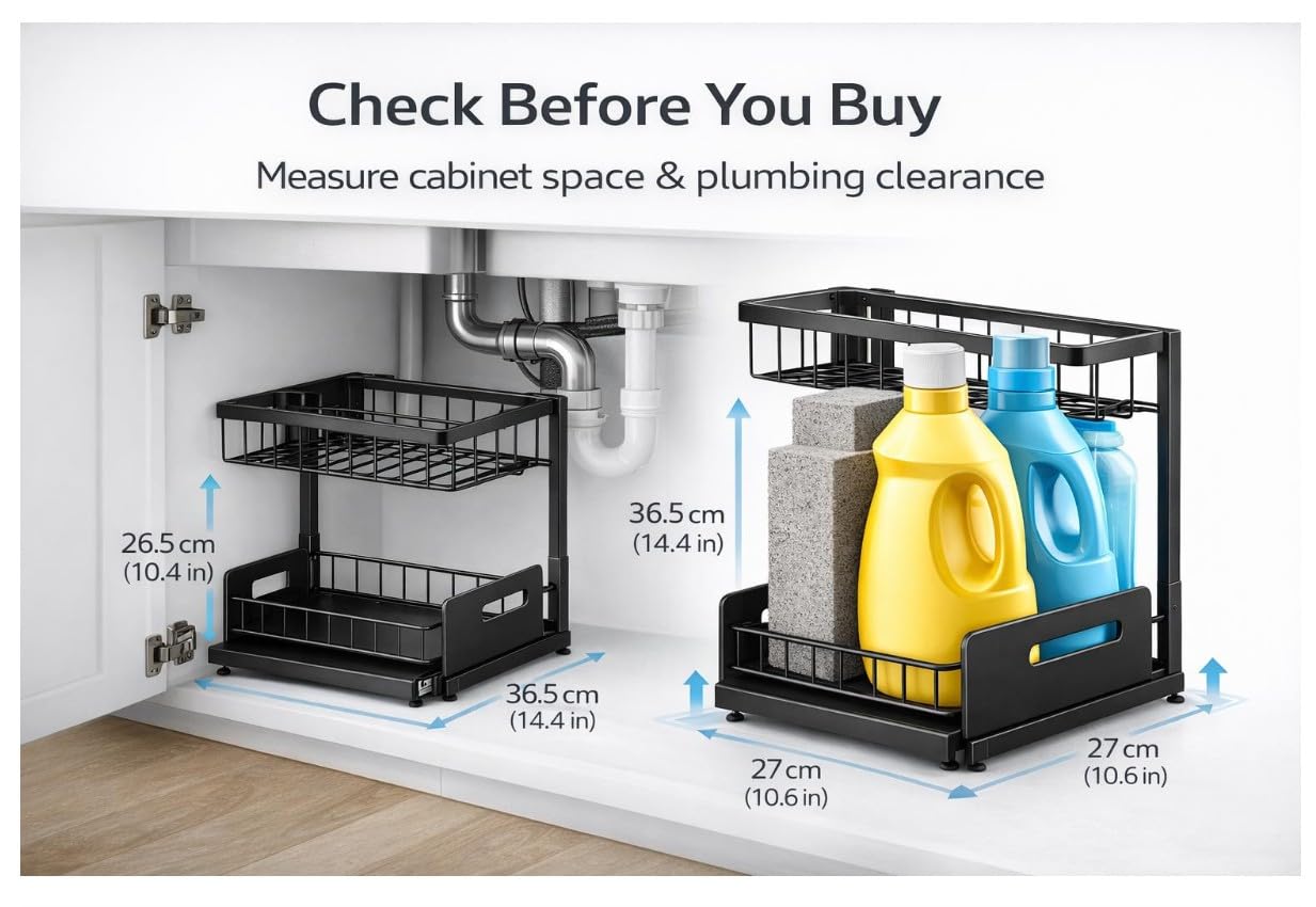 Under Sink Organizer 2 Tier Sliding Storage Rack – Carbon Steel Pull Out Cabinet Shelf for Kitchen & Bathroom, Heavy Duty Metal Under Cabinet Organizer.