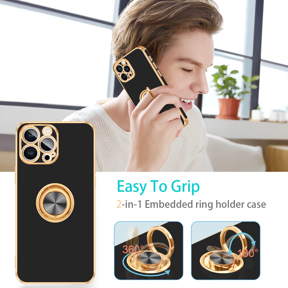 Fingic iPhone 13 Pro Max Case with Ring Stand, 360 Rotatable Magnetic Kickstand, Slim Fit Soft TPU, Black/Gold