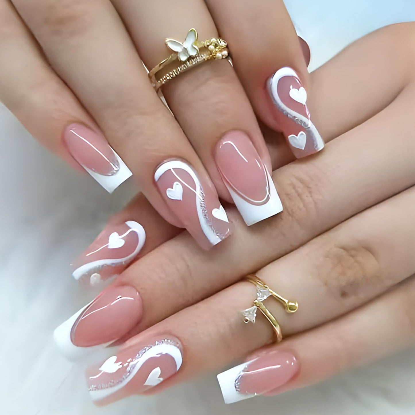 24Pcs Valentine's White French Tip Press on Nails Medium Square White Love Heart Stripe Design Full Cover Coffin Nails Artificial Stick on Nails DIY Holiday Acrylic Nails Set for Women