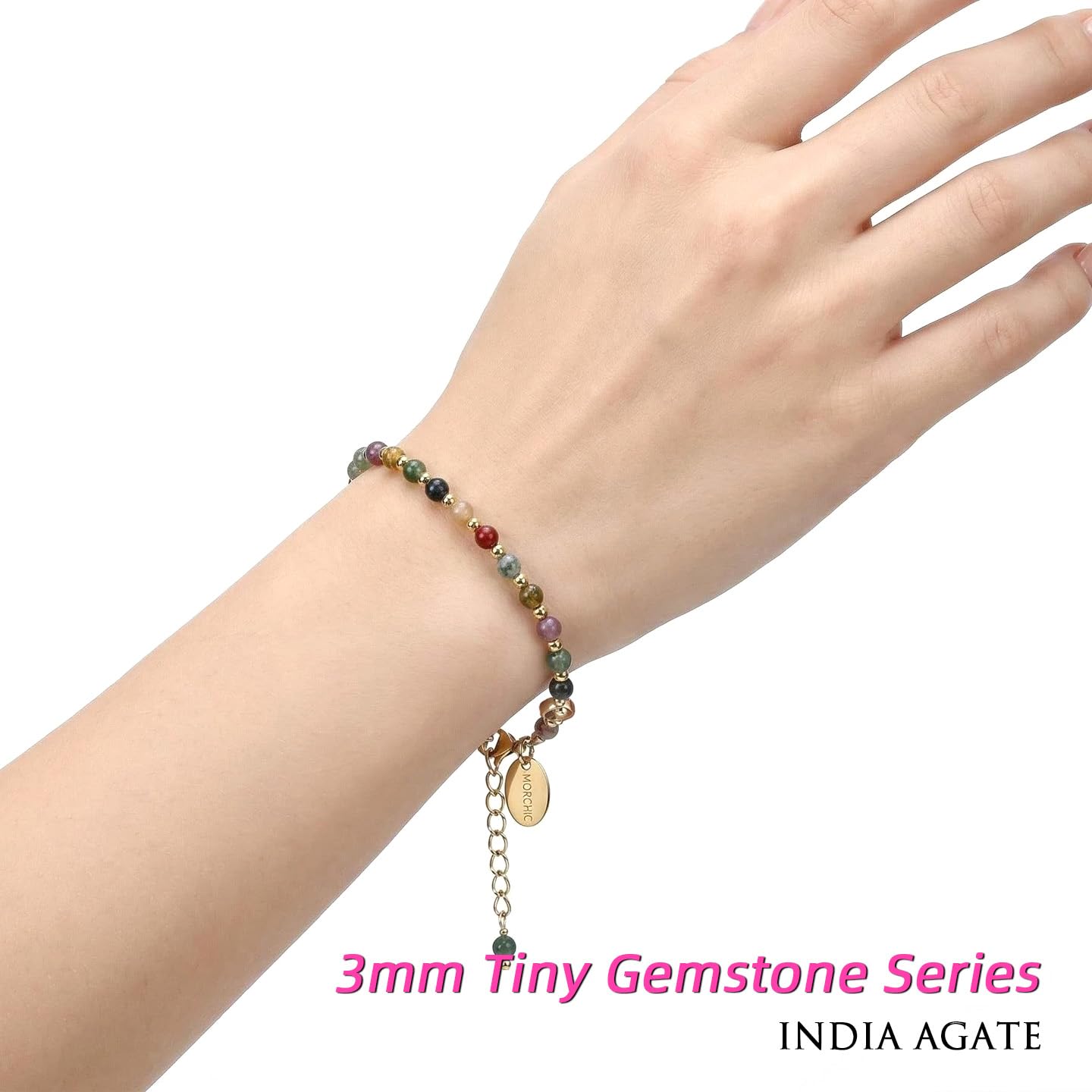 Morchic 3mm Multi-Color India Agate Natural Gemstone Beaded Bracelet for Women, Dainty Charm Jewelry, Adjustable 7.1-8.6", Ideal Birthday Holiday Gift