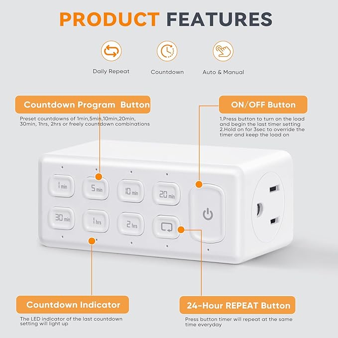 TOPELER Countdown Digital Timer Outlet, Plug-in Timer for Electrical Outlets with Repeat Function, Manual Override, Up to 4H Auto Shut Off Switch for Indoor Lamp, Fan, Aquarium, 1875W, ½ HP, 4 Pack