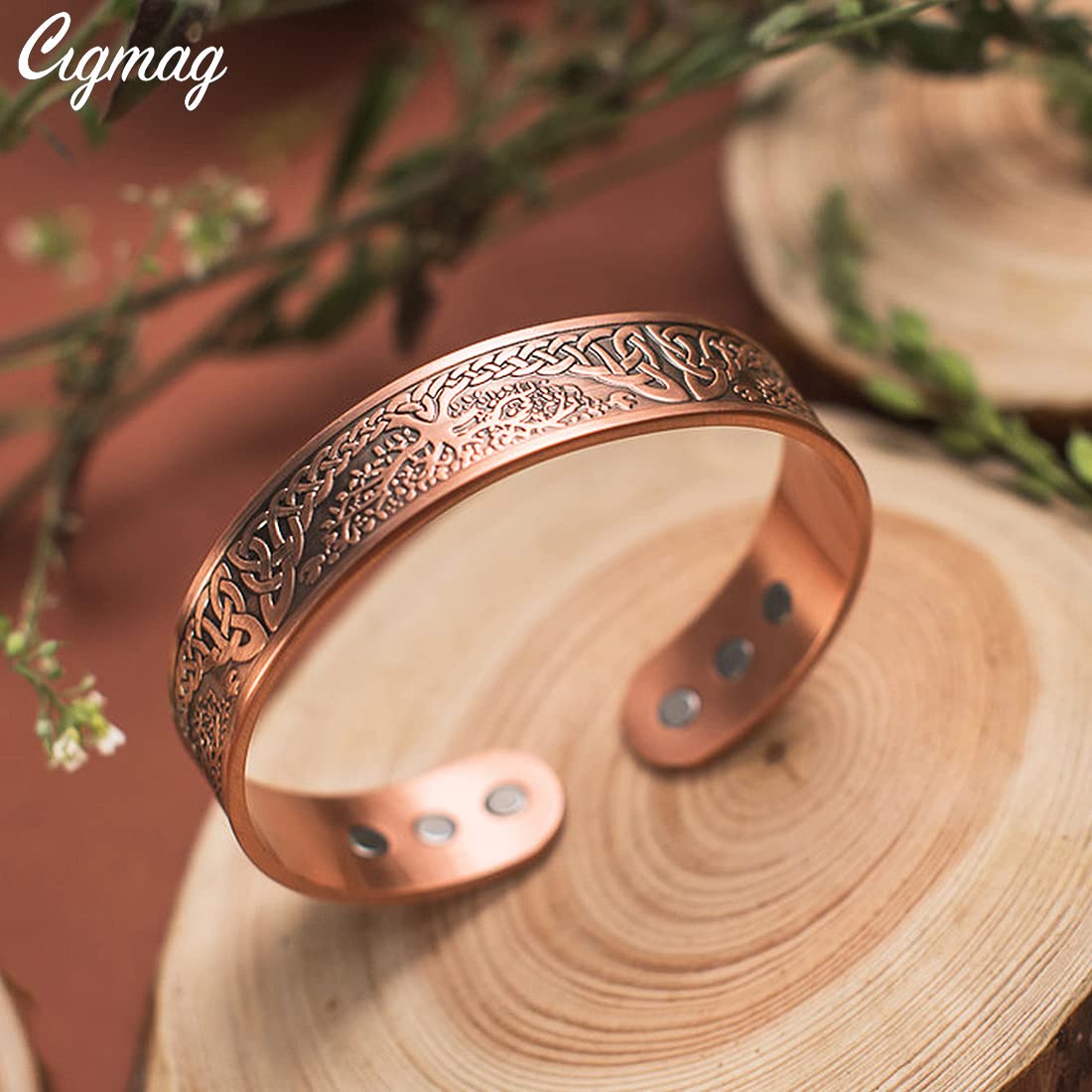 Cigmag 9X Copper Bracelet for Men Copper Magnetic Bracelet Strength Magnets Tree of Life Pattern Adjustable Solid Pure Cuff Bangle