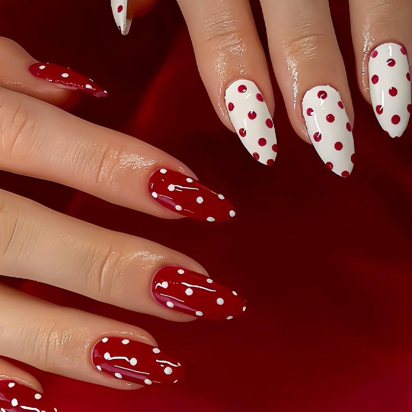 IMSOHOT Press on Nails Medium Almond Fake Nails Red White Polka Dot False Nails Glossy Artificial Handmade Acrylic Glue on Nails for Women Girls Manicure 24Pcs