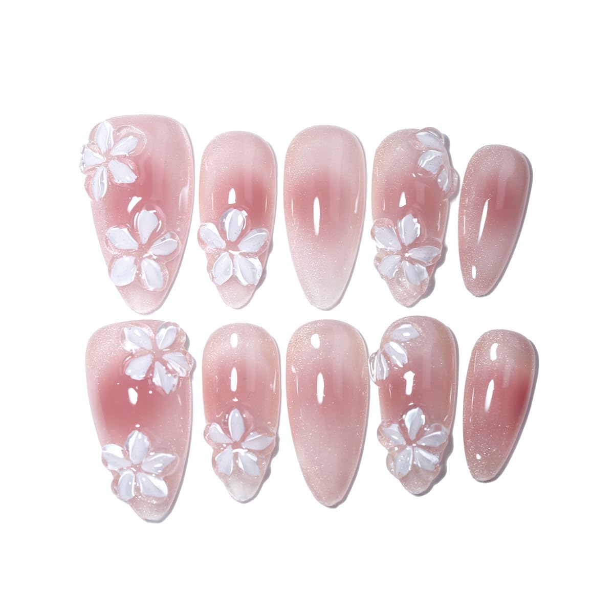 10Pcs Medium Almond Handmade Press On Nails | Easy Apply & Remove, Reusable Salon Quality Nails | Romantic Pink Gradient Fake Nails with 3D Floral & Glitter Accents(5U14, M)