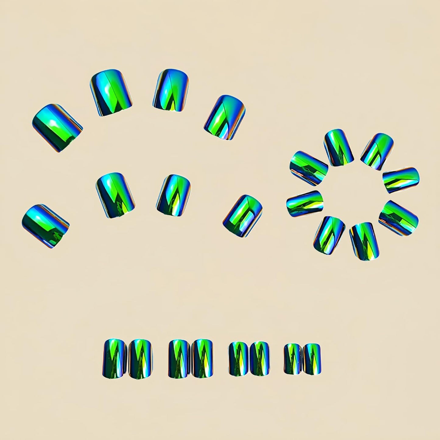 24Pcs Green Electroplating Press On Nails Short Square Fake Nails Acrylic Chrome Glazed Nails Press Ons Full Cover False Nails with Mirror Metal Designs Glossy Glue On Nails Stick On Nails for Women