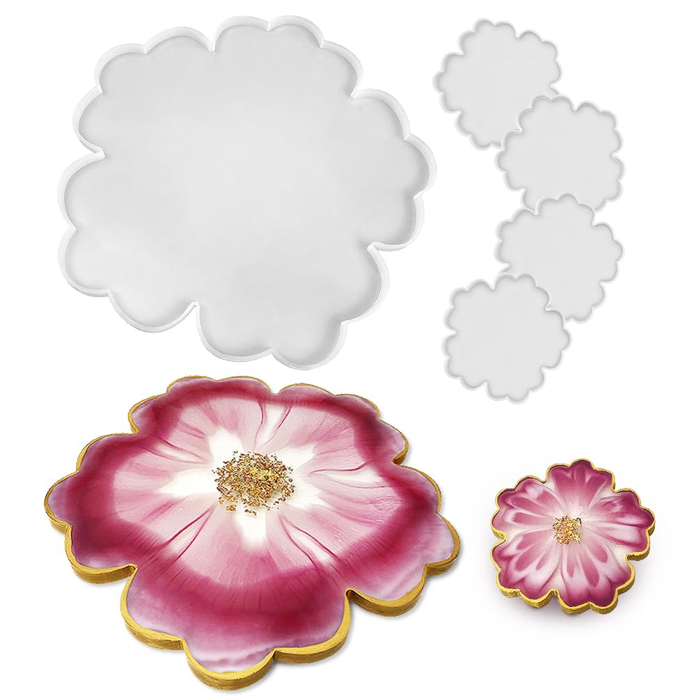RESINWORLD 13'' Large Floral Tray Mold + 4'' Flower Geode Coaster Silicone Molds (No Designs, 5 Pieces, White, Silicone, Single Piece Construction)