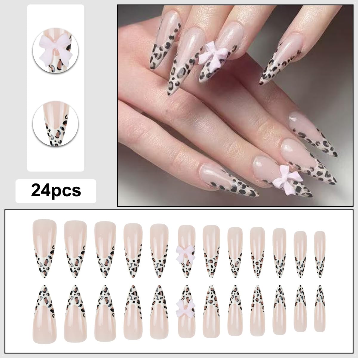 plalely Stiletto Press on Nails Long Brown Fake NailLeopard Acrylic with Pink Bow Design Stick on Nails for Women 24pcs