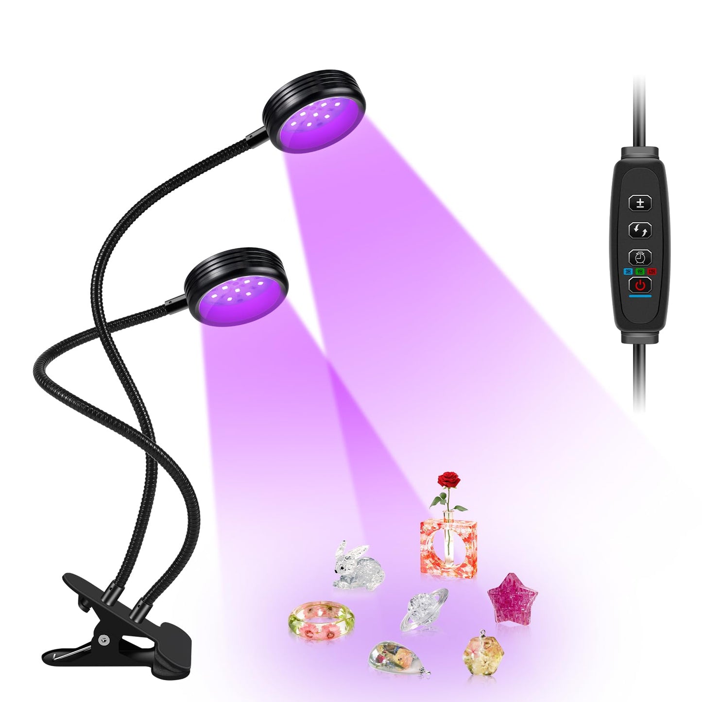 LEDLampsWorld USB UV Black Light Dual Head, 10W 395nm-405nm LED Lamp with Clamp, Gooseneck for Resin Curing, Blacklight, Posters, Paint Collection