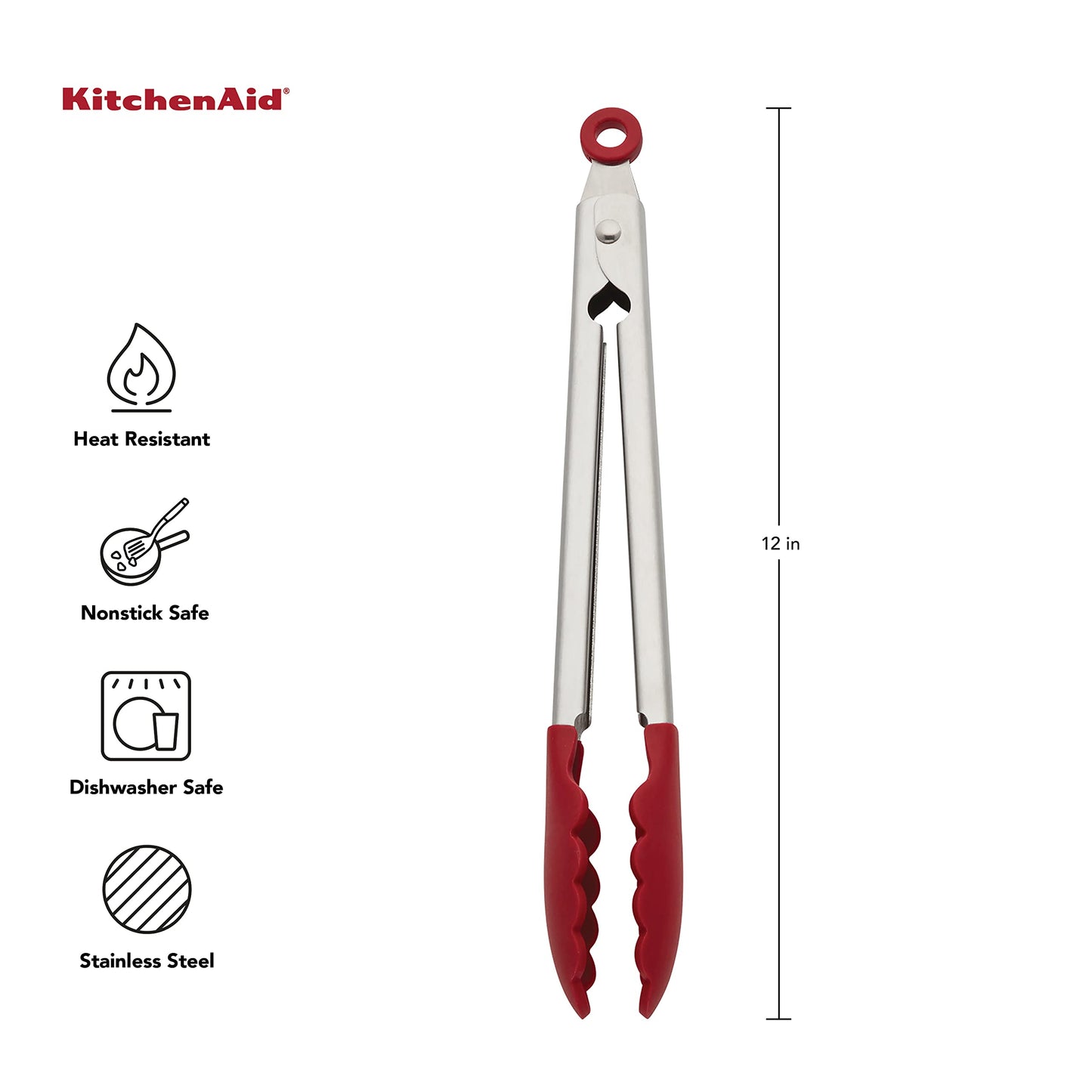 KitchenAid Silicone Stainless Steel Tongs, 12 Inch, Red